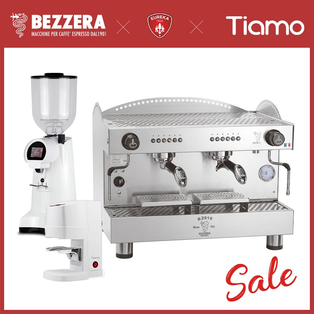 組合特惠 ！BEZZERA 貝澤拉 B2016 DE 雙孔營業機 + EUREKA FIRENZE 75 磨豆機+Tiamo自動填壓器  |BEZZERA 咖啡機
